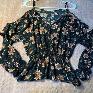 Ruffled floral cold shoulder top